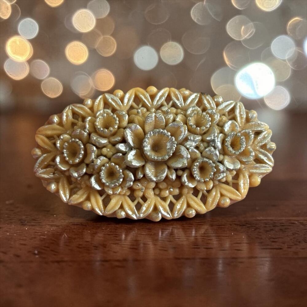 Cream Floral Bouquet Brooch Carved Celluloid Rhinestone Cottagecore Vintage